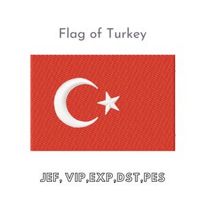 Può includere: Una bandiera rossa con una mezzaluna bianca e una stella bianca al centro. Il testo "Bandiera della Turchia" è sopra la bandiera e il testo "JEF, VIP, EXP, DST, PES" è sotto la bandiera.