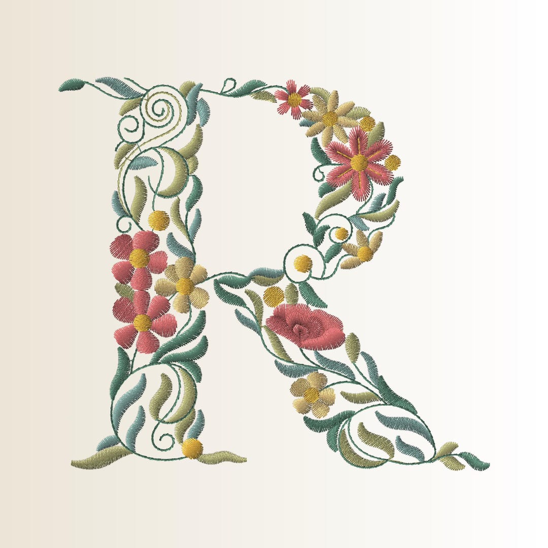 Floral Letter R Embroidery Design, Elegant Romantic Monogram Alphabet ...