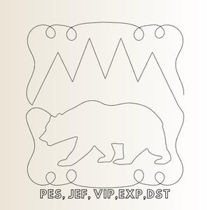 May include: A black line art embroidery design featuring a silhouette of a walking bear positioned below three mountain peaks, all enclosed within a decorative swirling border. The text PES, JEF, VIP, EXP, DST is printed at the bottom.