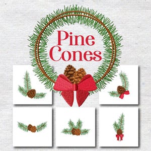 Puede incluir: Diseños de piñas bordadas para proyectos de manualidades. El conjunto incluye una corona con el texto "Pine Cones", una rama de pino con una piña, una rama de pino con una piña y un lazo rojo, una rama de pino con una piña y un lazo rojo, una rama de pino con una piña y una rama de pino con una piña y un lazo rojo.