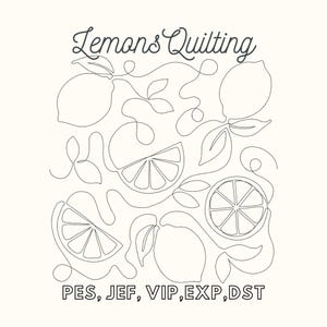 Peut inclure: Dessin au trait de citrons et de feuilles avec le texte "Lemons Quilting" et les formats de fichiers "PES, JEF, VIP, EXP, DST" en bas.