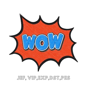 Könnte beinhalten: Eine rote und schwarze Sprechblase im Comic-Stil mit dem Wort "WOW" in blauen Buchstaben.