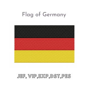 May include: The flag of Germany, a horizontal tricolour with black, red, and gold stripes. The text "Flag of Germany" is above the flag and the text "JEF, VIP, EXP, DST, PES" is below the flag.