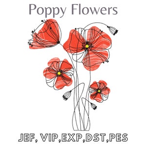 Poppy Flowers , Easy Machine Embroidery, Instant Download, Digital File