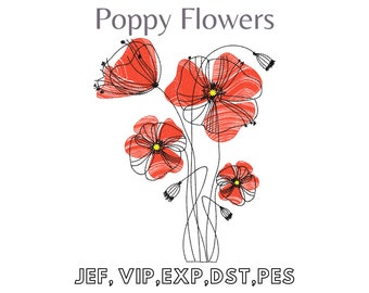 Poppy Flowers , Easy Machine Embroidery, Instant Download, Digital File