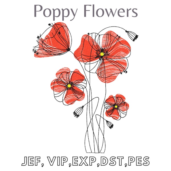 Poppy Flowers , Easy Machine Embroidery, Instant Download, Digital File