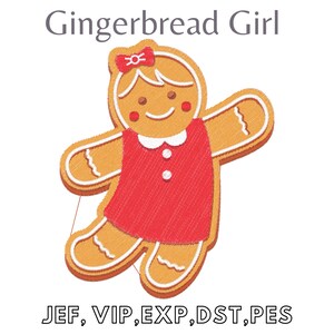 Puede incluir: Una galleta de jengibre en forma de niña con un vestido rojo y un lazo blanco. La galleta está decorada con glaseado blanco y tiene una cara sonriente.