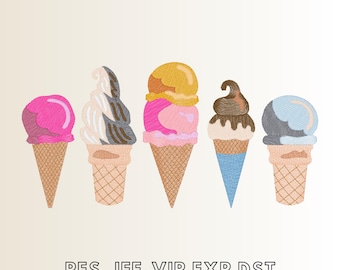 May include: Five ice cream cones with different flavors and toppings. The cones are arranged in a row from left to right. The flavors are pink, black and white swirl, pink and yellow swirl, chocolate, and blue.