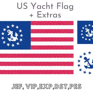 May include: A blue and red US Yacht flag with a white anchor and stars in the canton. The flag is displayed with three additional versions of the anchor and stars design, including a circular version.