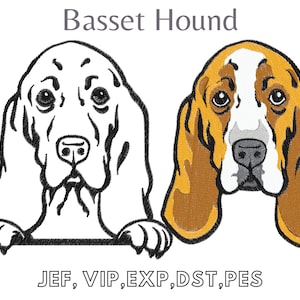 May include: Two embroidery designs of a Basset Hound, one in black and white and the other in brown, white, and gray. The text "JEF, VIP, EXP, DST, PES" is below the images.