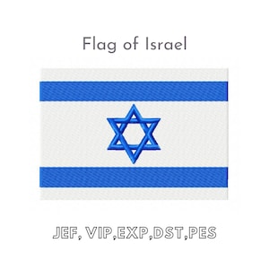 May include: The flag of Israel, a white rectangle with two blue horizontal stripes and a blue Star of David in the center.