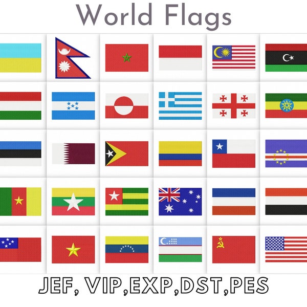 Welt Flaggen Designs - 100 Länder, Stickdateien, Sofort Download