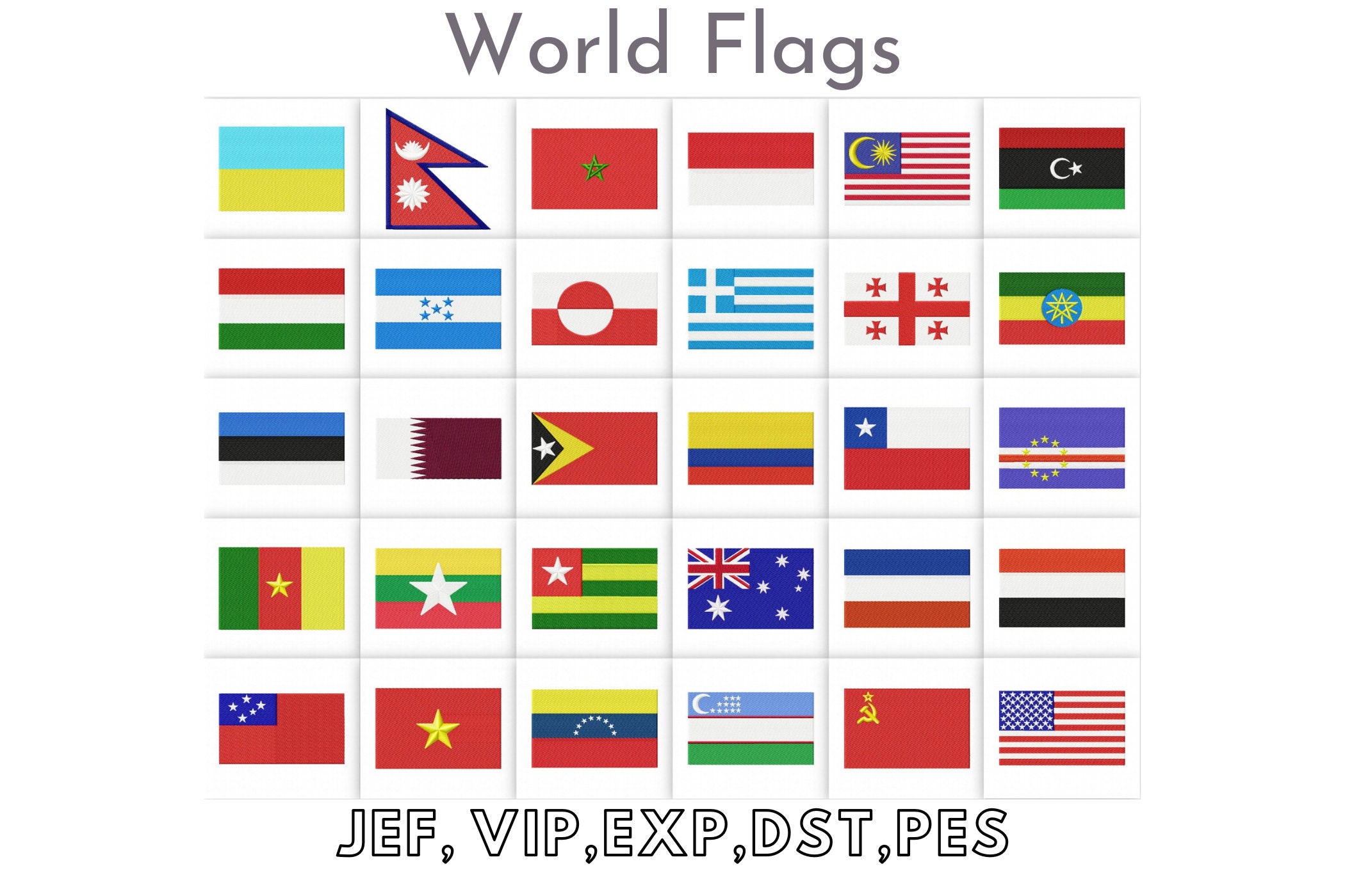 World Flags Designs - 100 Countries, Machine Embroidery Files, Instant Download