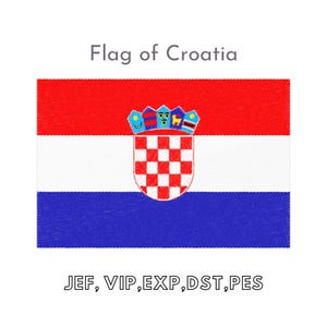 May include: The flag of Croatia, a red, white, and blue tri-color flag with a checkered shield in the center. The shield is surrounded by a crown with five points.