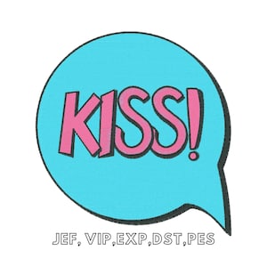 Op de afbeelding: Een blauwe spraakballon met een witte rand en het woord "KISS!" in roze letters met zwarte contouren.