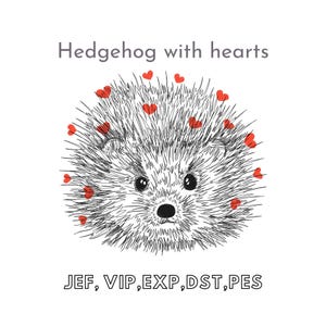 May include: A black and white line drawing of a hedgehog with red hearts around its head. The text "Hedgehog with hearts" is above the image and the text "JEF, VIP, EXP, DST, PES" is below the image.