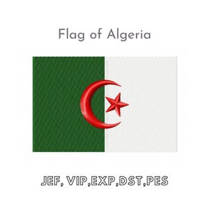 May include: The flag of Algeria, a green rectangle with a white crescent moon and a red five-pointed star in the center, is next to a white rectangle. The text "Flag of Algeria" is above the flag and the text "JEF, VIP, EXP, DST, PES" is below the flag.