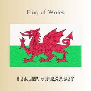 Op de afbeelding: De vlag van Wales toont een rode draak op een witte achtergrond met een groene streep aan de onderkant. De tekst "PES, JEF, VIP, EXP, DST" staat onder de vlag gedrukt.