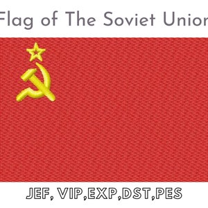 May include: A red flag with a gold hammer and sickle and a gold star in the upper left corner. The text "JEF, VIP, EXP, DST, PES" is below the flag.