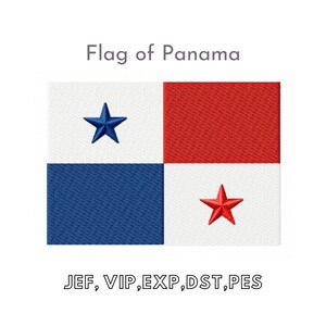 Pode incluir: A bandeira do Panamá é uma tricolor horizontal de branco, azul e branco, com um quadrado vermelho no centro. Uma estrela azul de cinco pontas está na faixa branca superior e uma estrela vermelha de cinco pontas está no quadrado vermelho. O texto "JEF, VIP, EXP, DST, PES" está abaixo da bandeira.