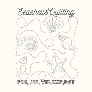 May include: Line art design of seashells, a starfish, and the text "Seashells Quilting". Below the design is the text "PES, JEF, VIP, EXP, DST".