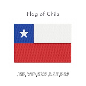 May include: The flag of Chile, a horizontal tricolour with a blue stripe at the top, a white stripe in the middle, and a red stripe at the bottom. A white five-pointed star is centered on the blue stripe. The text "Flag of Chile" is above the flag and the text "JEF, VIP, EXP, DST, PES" is below the flag.