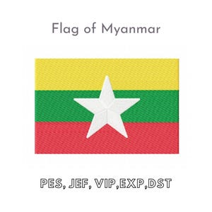 Op de afbeelding: De vlag van Myanmar, ook bekend als Birma, heeft drie horizontale strepen in geel, groen en rood met een grote witte vijfpuntige ster in het midden.