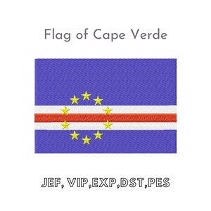 May include: The flag of Cape Verde features a blue field with a white band and a red band. Ten yellow five-pointed stars are arranged in a circle in the center of the blue field.