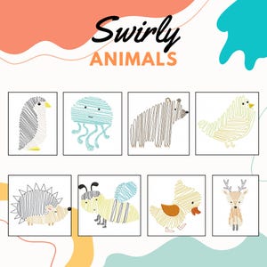 May include: A set of eight black and white line drawings of animals, including a penguin, jellyfish, bear, bird, hedgehog, bee, duck, and deer. The title "Swirly Animals" is at the top of the image.