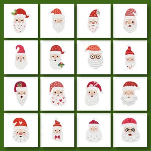 May include: A collection of 16 different Santa Claus illustrations. Each Santa is wearing a red hat and has a white beard. Some Santas are wearing glasses, some have a gift, and some have hearts on their beard.