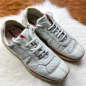 Vintage Prada Sport Sneakers Y2K 2000s White Leather Red Stripe Made in Italy Size 38