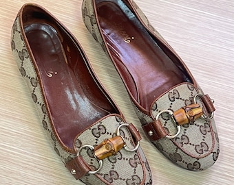 Vintage Gucci Beige Brown GG Canvas Monogram Horsebit Bamboo Ballerina Flat Women Slip On Shoes Size EUR 36 US 6