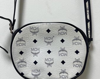 Vintage MCM Crossbody Leather Monogram White Dark Bleu Bag