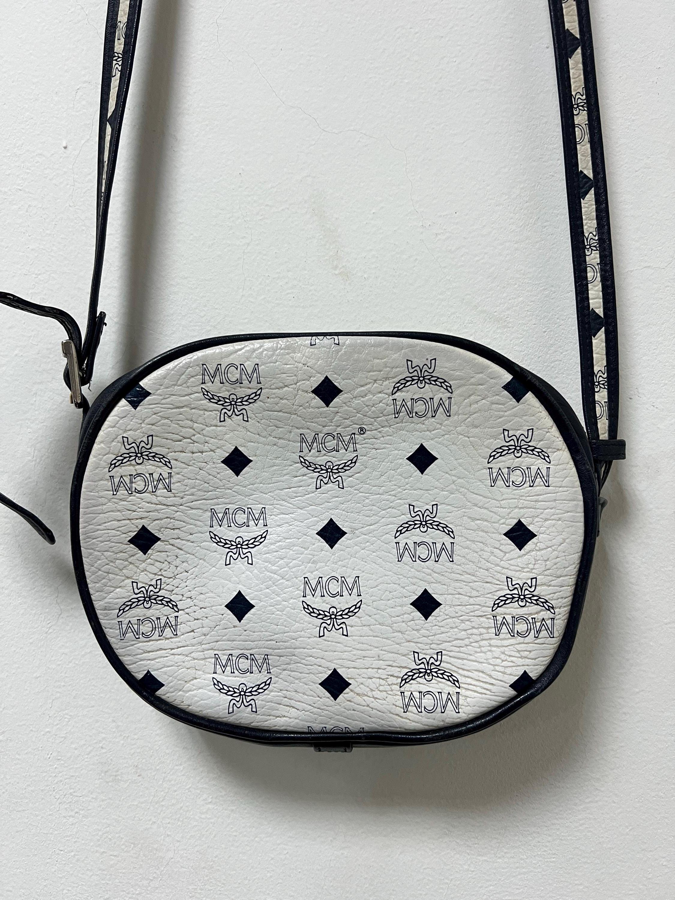 Vintage MCM Crossbody Leather Monogram White Dark Bleu Bag