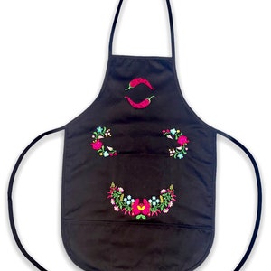 Embroidered Apron Hungarian Traditional Kalocsa Floral Folk Art Unique Women&Girl Red/White/Black