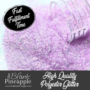 May include: Purple and iridescent polyester glitter, spilling out of a clear container. The text "Fast Fulfillment Time" is on a black circle in the upper left corner. The text "The Blank Pineapple" is in the lower left corner, and the text "High Quality Polyester Glitter" is in the lower right corner.