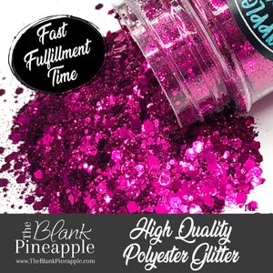 May include: A close-up of a jar of pink glitter, with the text "Fast Fulfillment Time" and "High Quality Polyester Glitter" visible. The jar is open and the glitter is spilling out.
