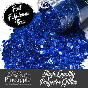 May include: A close-up of a jar of blue glitter, with the glitter spilling out of the jar. The jar is labeled "High Quality Polyester Glitter".