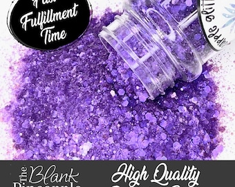 May include: Purple polyester glitter in a clear jar with a white label that says "Add a little glitter". The glitter is spilling out of the jar onto a white surface. The text "Fast Fulfillment Time" is in a black circle on the top left of the image. The text "The Blank Pineapple" is in a black rectangle on the bottom left of the image. The text "High Quality Polyester Glitter" is in a black rectangle on the bottom right of the image.