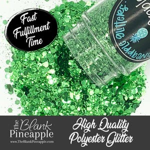 May include: Green polyester glitter in a clear jar with a black label that says "The Blank Pineapple" and "High Quality Polyester Glitter".