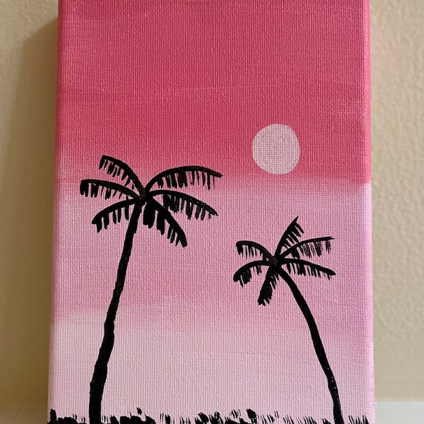 Mini Canvas 7x5 Acrylic Palm Tree Painting | Pink Sunset Painting | Beach Sunset