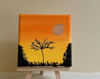 Mini arbre de coucher de soleil en acrylique | Peinture sur toile Mini 4x4 | Peinture au coucher du soleil