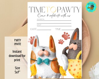 Time To Pawty 5x7 Digital Print Ready Party Invitations, Polka Dot Dog party Celebration Printable invitation, Invite Instant Download