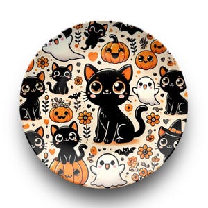 Adorable Halloween Black Cat Plate with Pumpkins, Ghosts, and Bats - Perfect for Spooky Season Décor and Festive Dining&quot; Black Cat Gift