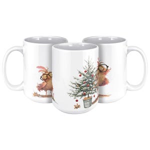Christmas Bird Mug, Funny Holiday Coffee Cup with Quirky Bird and Christmas Tree, Cute Winter Gift for Coffee Lovers & Bird Fans, 15oz