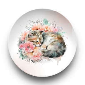 Watercolor Sleeping Cat 10&quot; Dinner Plate, Floral Cat Lover Gift, Cute Cat Wall Decor, Kitty Kitchen Plate, Tabby Cat Art, Cat Mom Collection