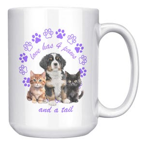Love Has 4 Paws 15 Oz Mug with Cats and Dog, White Ceramic Coffee Cup, Purple Paw Print Design, Cat and Dog Lover Gift Idea, Pet Lover Mug