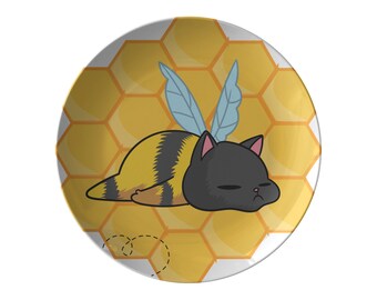 Cat Bee Sleeping Honeycomb Plate, 10 In Dinner Plate, Bee Lover Gift, Plate Set, Crazy Cat Lady Gift, Unique Gift For Cat Lovers