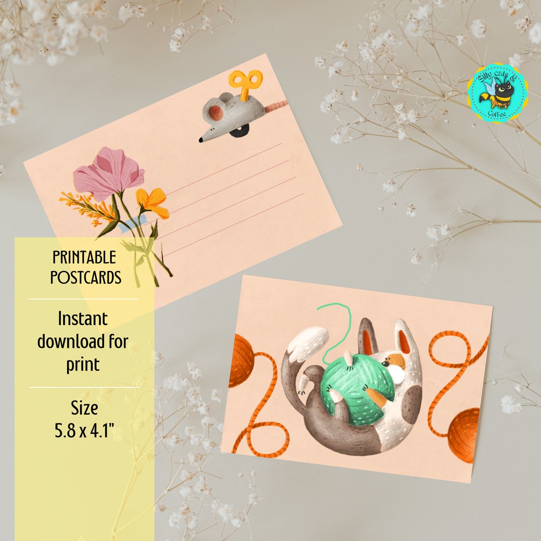 Printable Postcard Cute Cat With Yarn 5.8 X 4.1 Inches, Digital ...