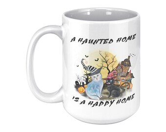 A Haunted Home Is A Happy Home Mug. Cats With Hats And Scary Pumpkins. Cute Halloween Cat Mug. Office Mug. Unique Cat Mug. Gift For Her